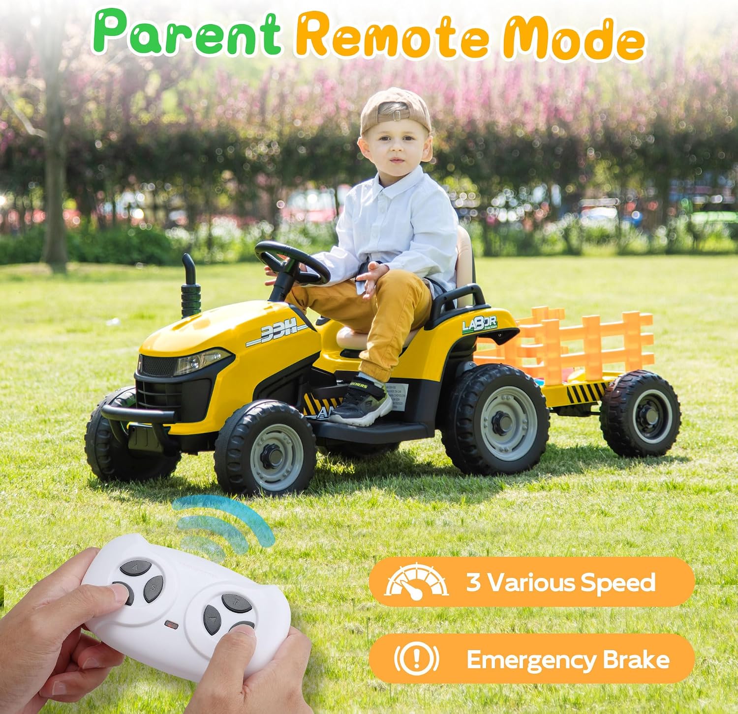 24V Ride On Tractor w/Tiltable & Detachable Trailer, EVA Tires, Up to 4.3Mph, Ride On Toys with Parental Remote