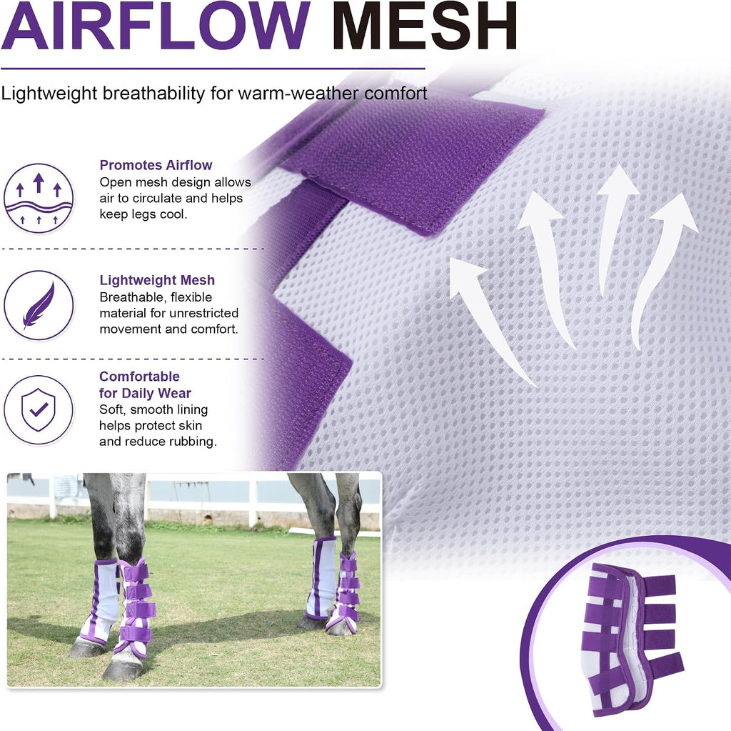 Horse Fly Boots Set of 4 - No-Rub Airflow Mesh Leggings to Reduce Stomping - Stay-on Breathable Horse Leg Wraps for
