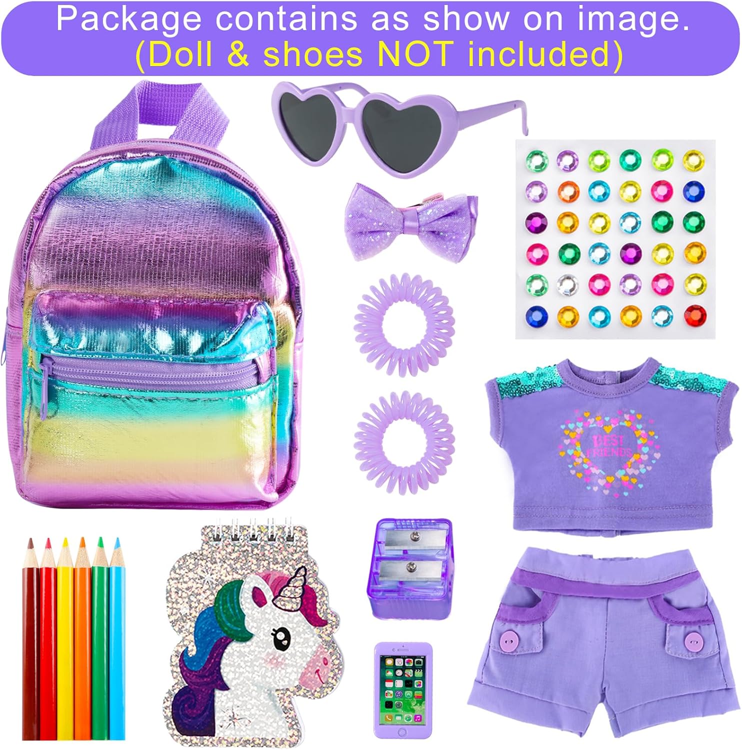18 Inch Girl Doll Clothes and Accessories School Supplies Playset with Clothes Set, School Bags, Sunglasses, Pencils