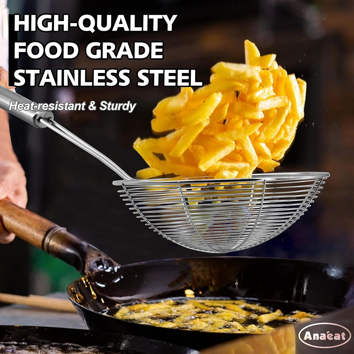 4.5" Stainless Steel Spider Skimmer, Professional Kitchen Pasta Strainer Spoon with Long Handle - Asian Strainer
