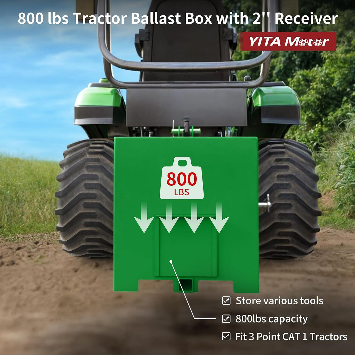 3 Point Hitch Ballast Box for Category 1 Tractor, 800lbs Weight Ballast Height Box with 2'' Quick Trailer Hitch