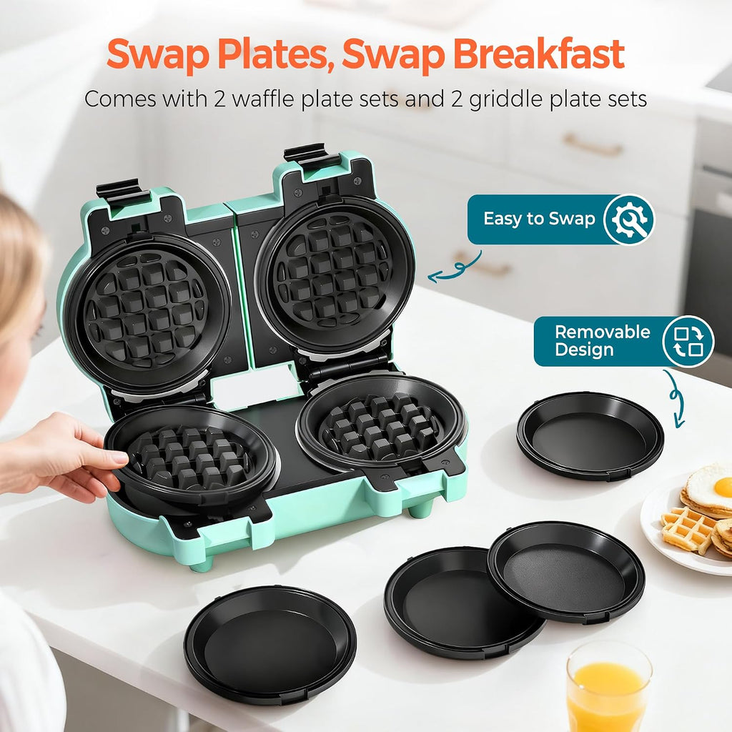 2-in-1 Mini Waffle & Pancake Maker with Removable Plates | 4" Nonstick Plates, Double Small Waffle Iron, Dishwasher