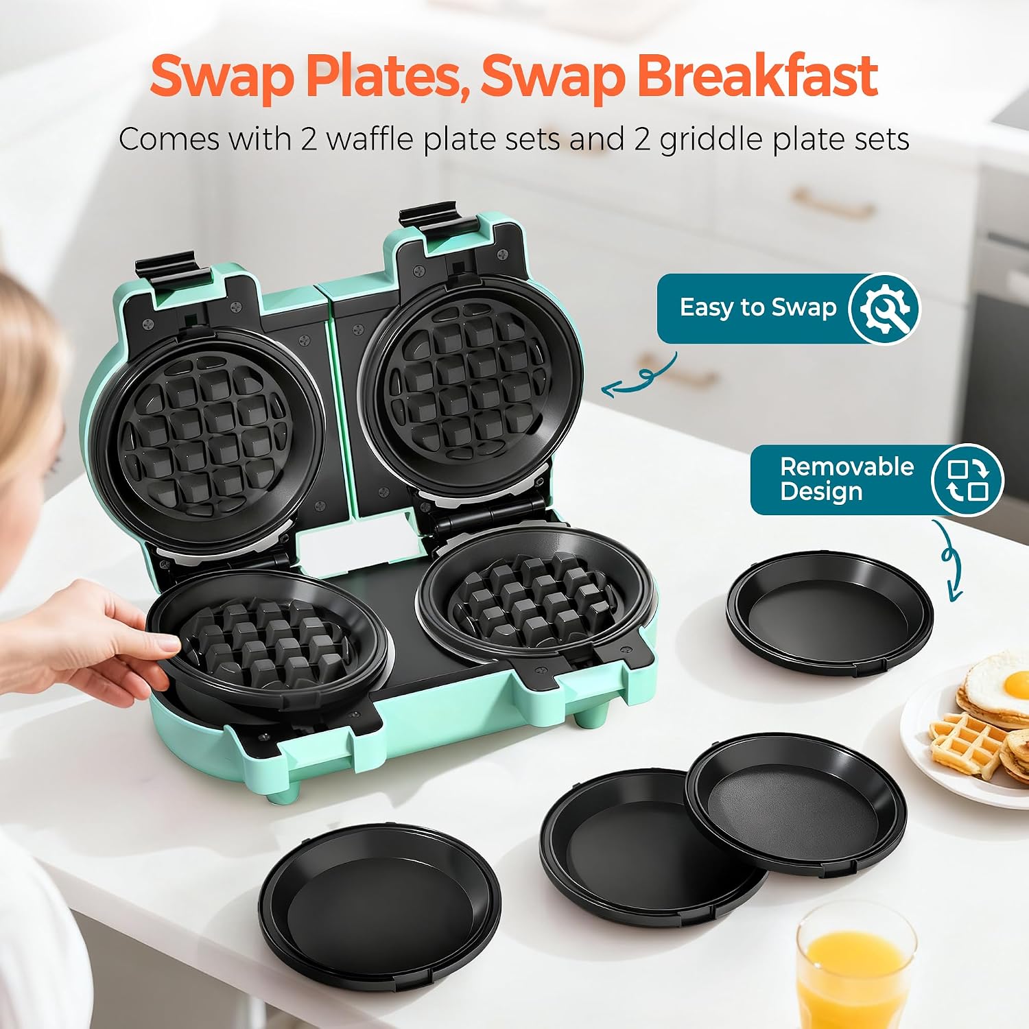 2-in-1 Mini Waffle & Pancake Maker with Removable Plates | 4" Nonstick Plates, Double Small Waffle Iron, Dishwasher