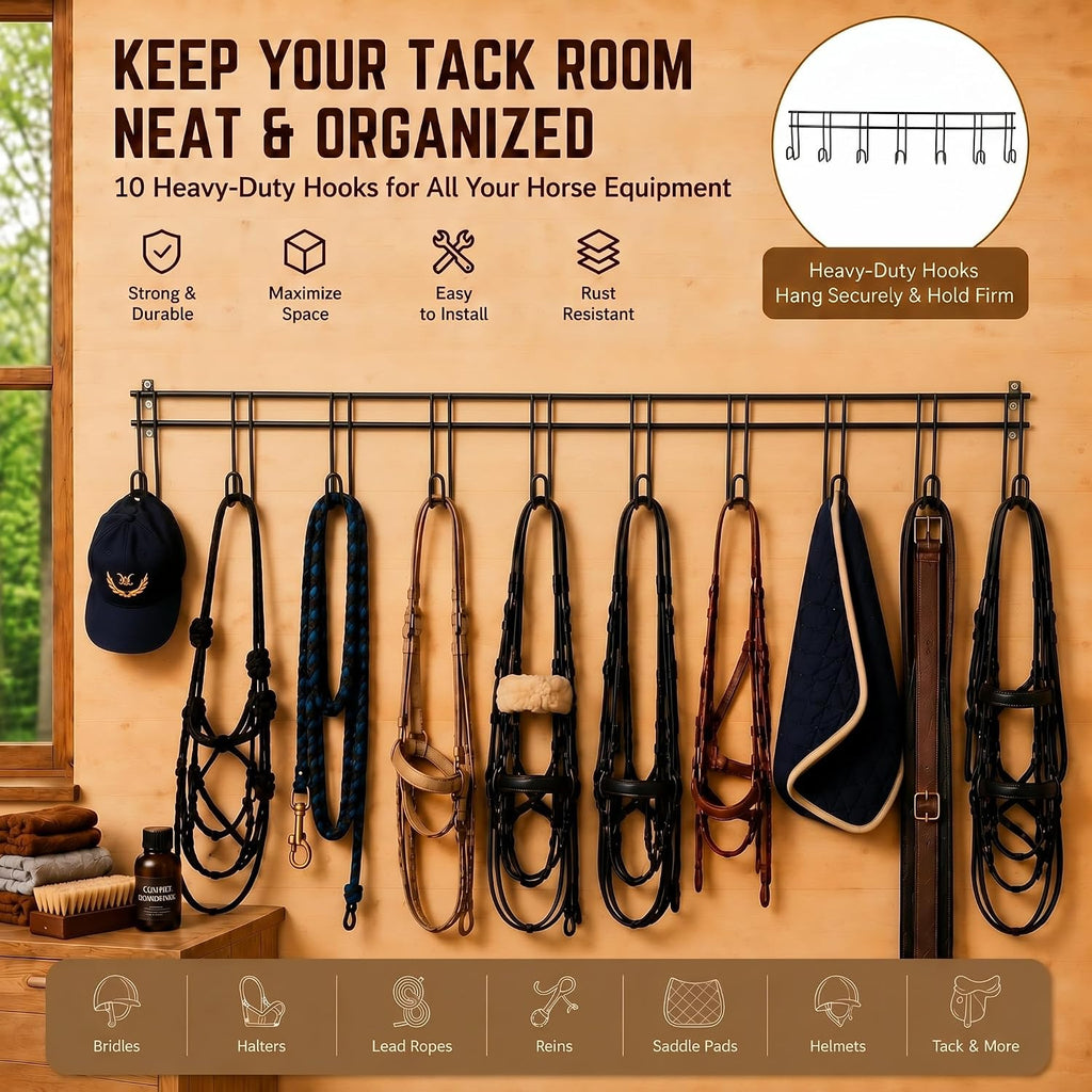 10 Hook 2 Pcs Bridle Hooks Tack Room Metal Wall Hangers Rack, Black