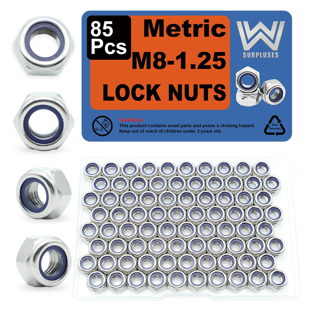 M8-1.25 Nylon Insert Lock Nuts 85 Pack, 304 Stainless Steel Hardware Nuts