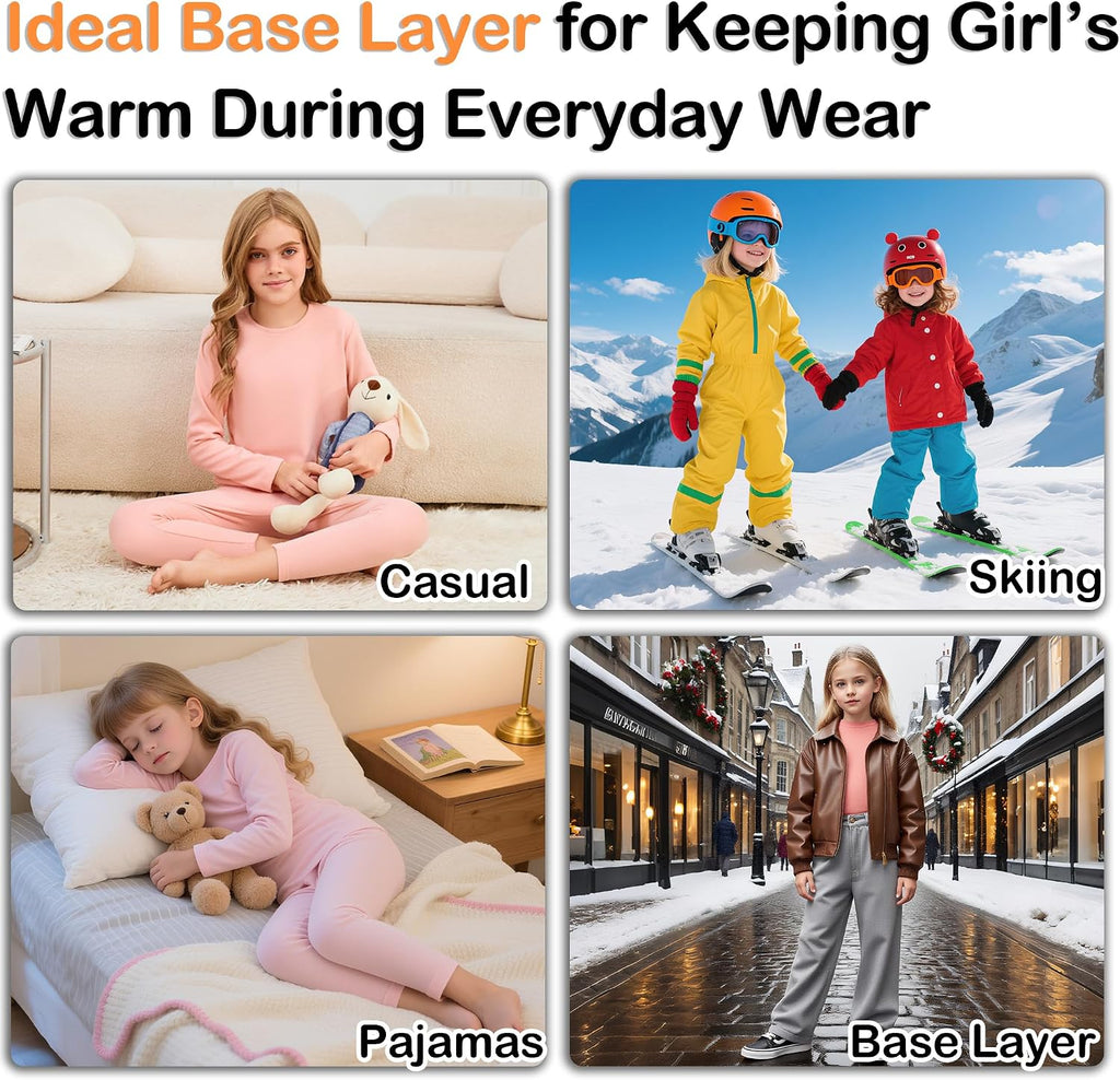 2 Set Girls Thermal Underwear Sets Kids Double-Sided Fleece Lined Long Johns Base Layer Top and Bottom for Cold Weather