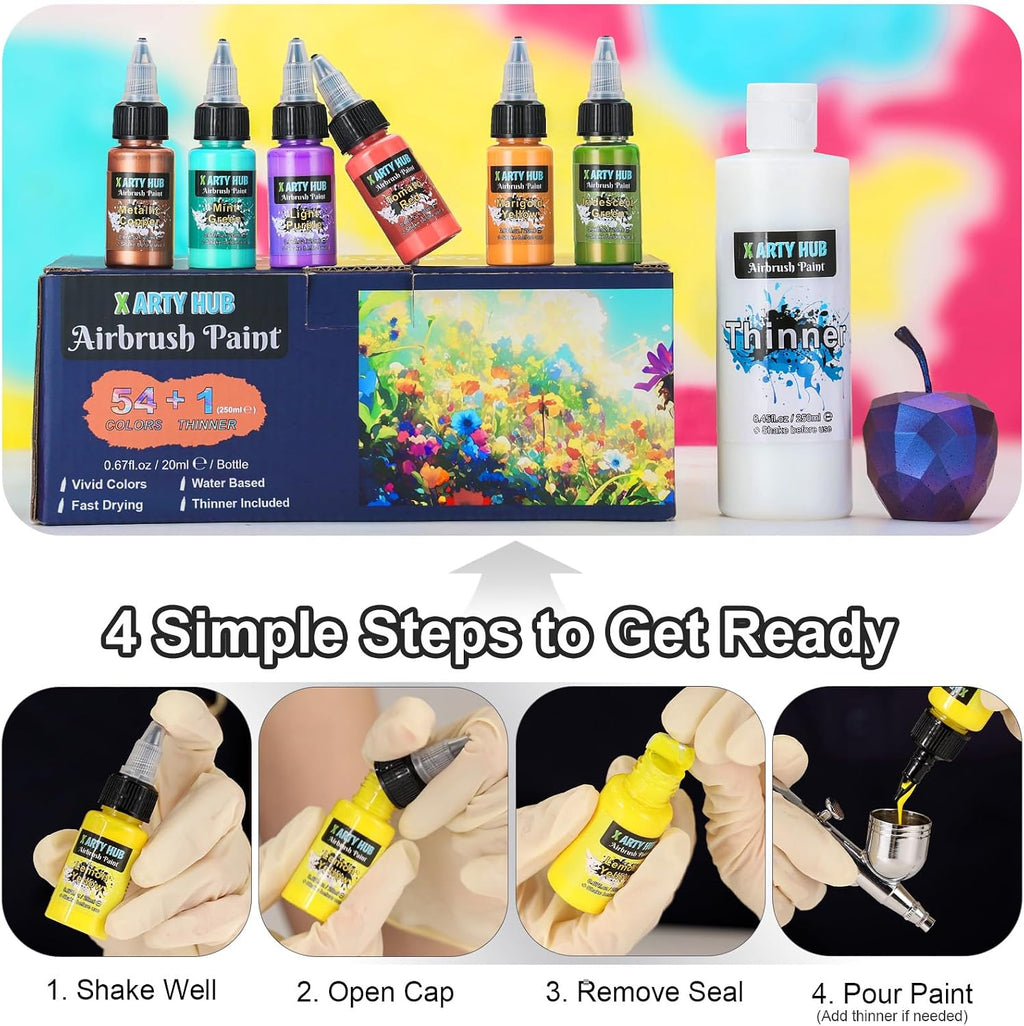 Airbrush Paint Set, 54 Acrylic Paints with 8.45 fl oz Thinner | Ready-to-Spray, Iridescent, Neon & Metallic Colors