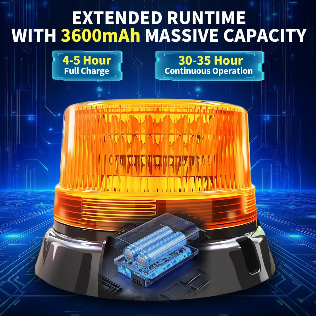 2-Pack Amber Strobe Beacon Light, Rechargeable LED, Magnetic Base | Wireless 3600mAh with suction cup mount.