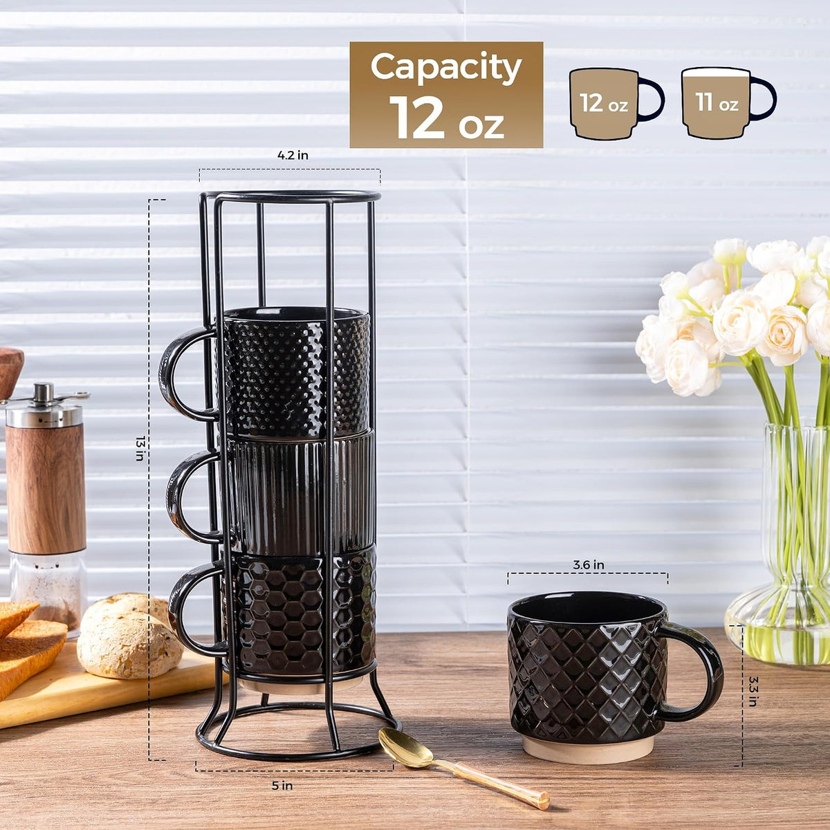 12oz Stackable Coffee Mugs with Stand, Ceramic Coffee Cups Set of 4