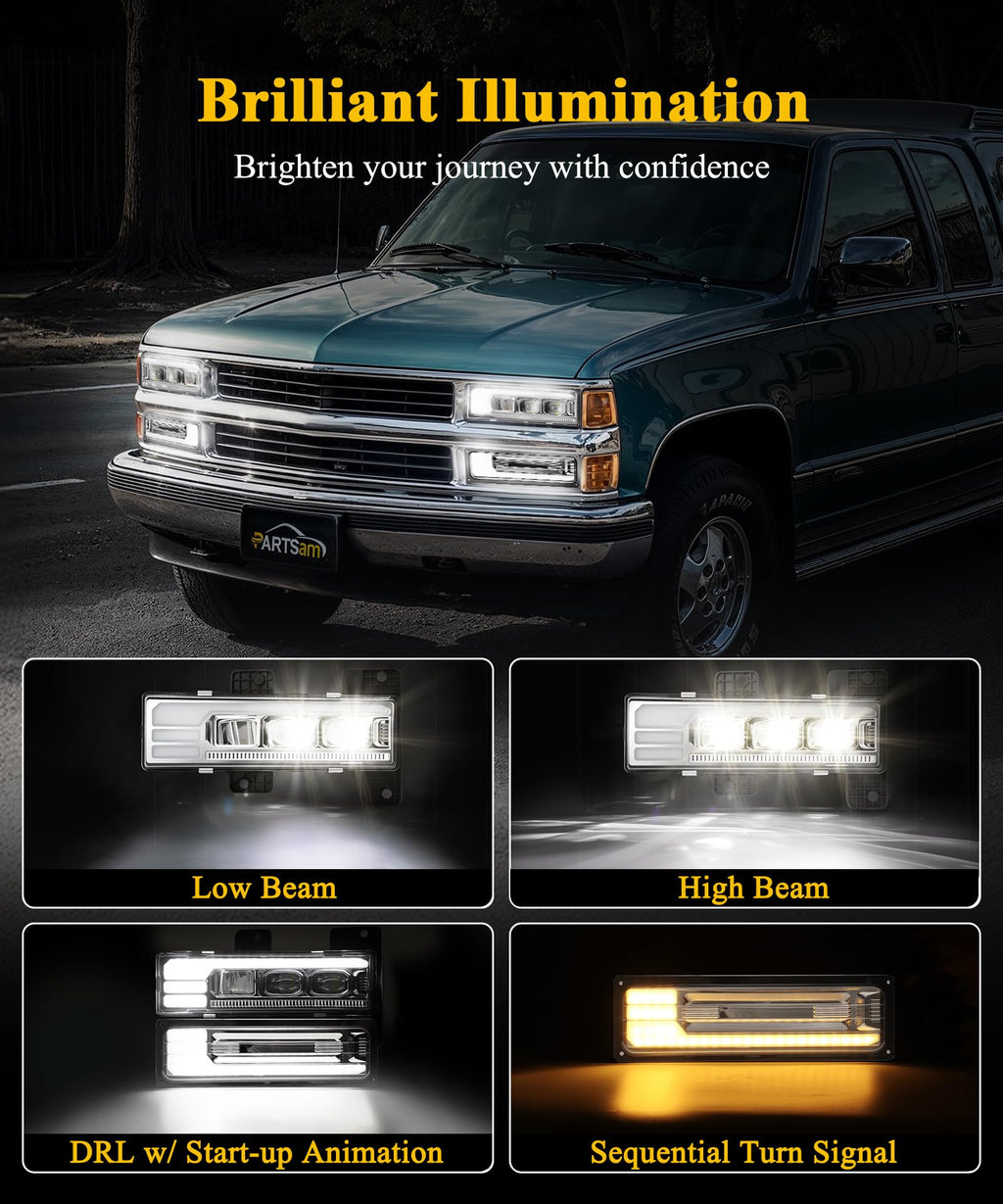 LED Headlights Assembly DOT Approved with DRL Sequential Turn Signal High/Low Beam Start Animation Lights Chrome