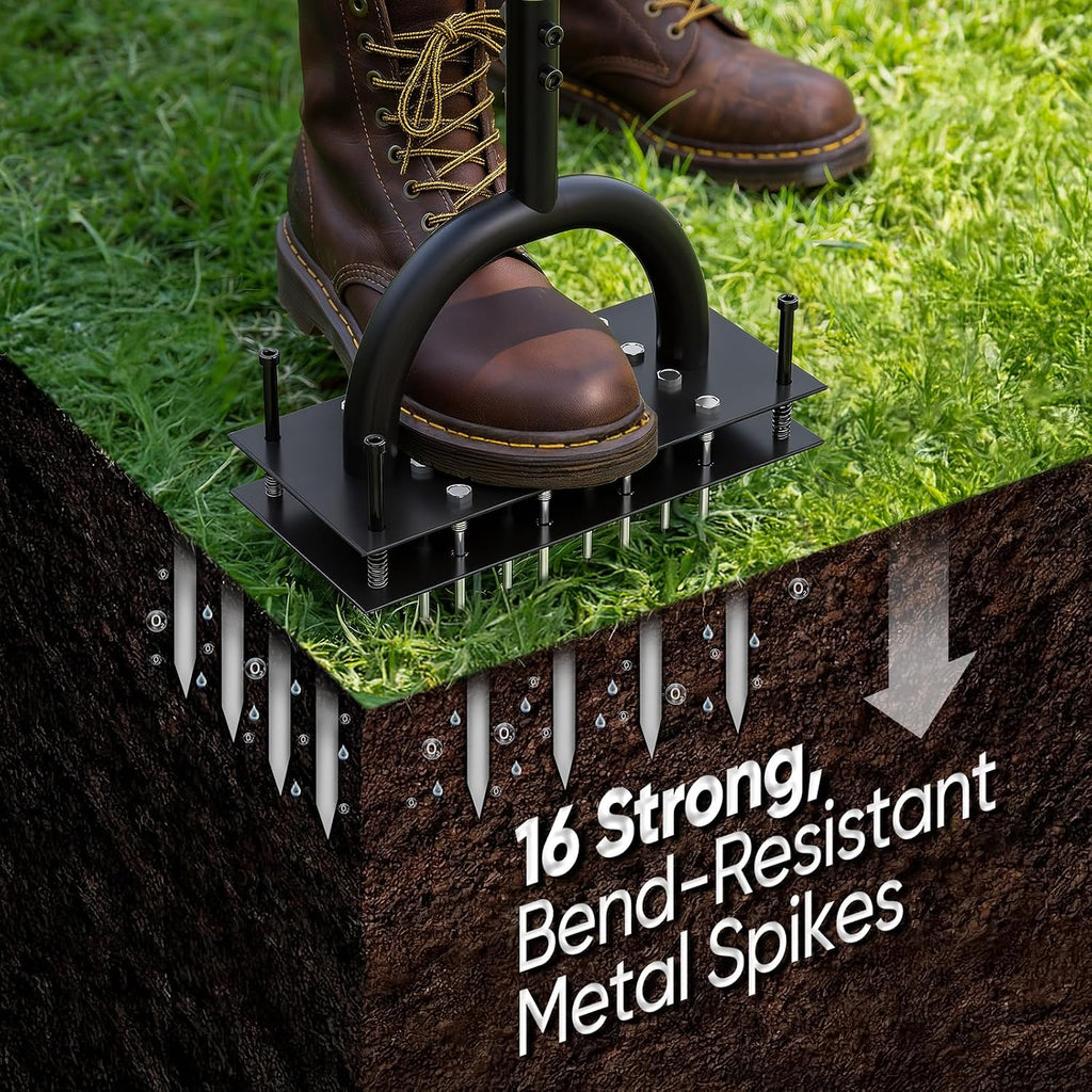 Lawn Aerator Tool with 16 Spikes, Manual Yard Aerator, Black Green | 16-Spike metal design with automatic soil