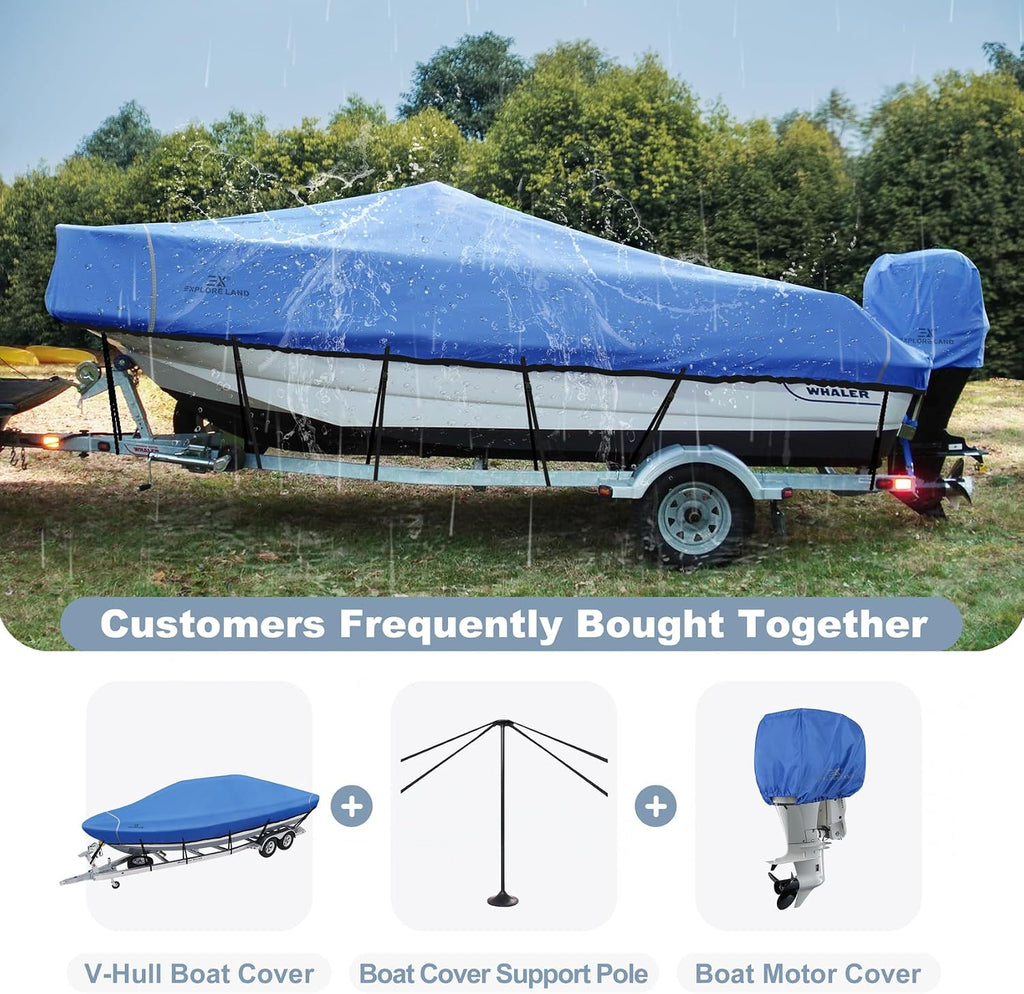 Waterproof 900D Boat Cover, 14'-16' Long 76" Beam Width, Blue | Trailerable, UV-Resistant, Fits V-Hull, Tri-Hull