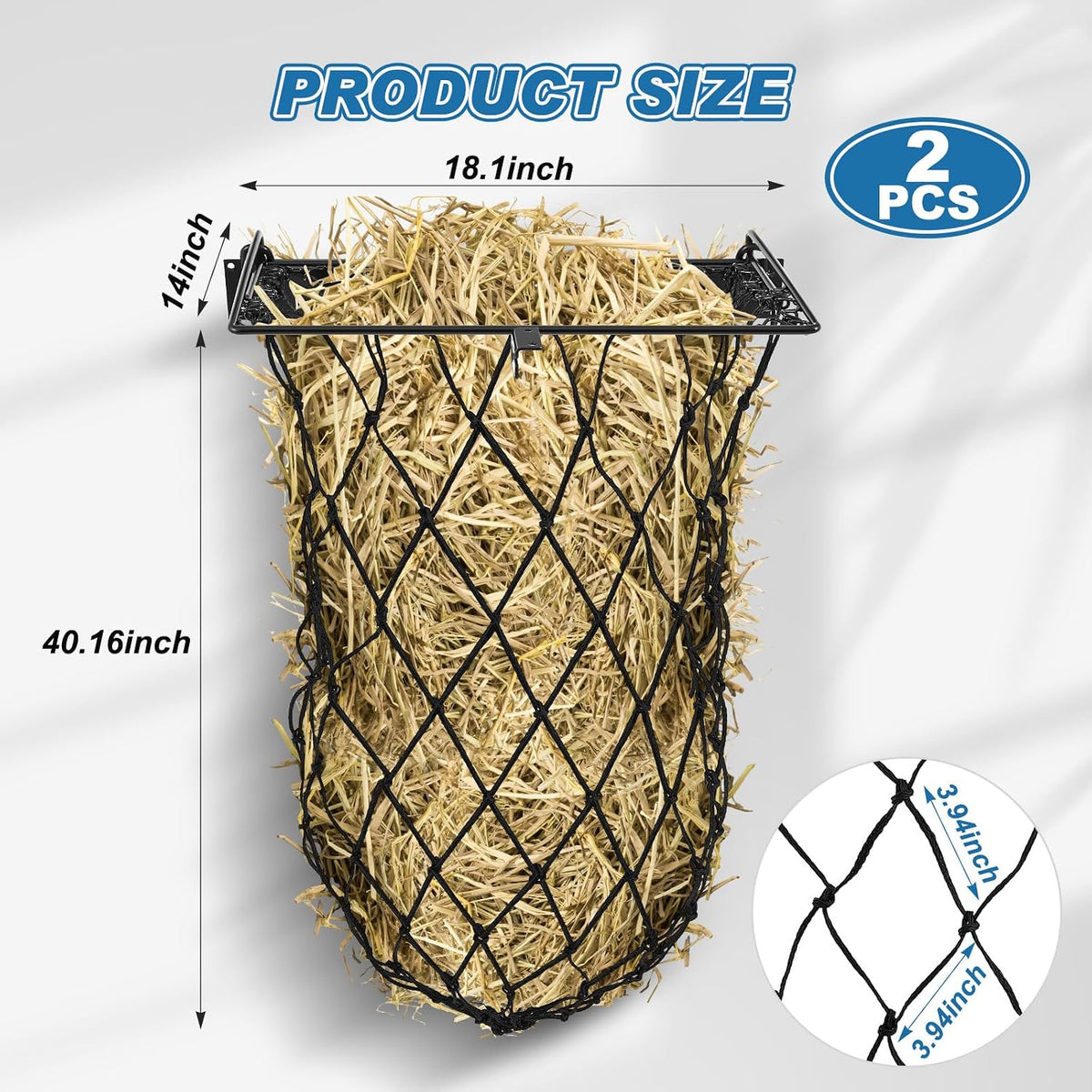 2 Set Wall Mount Hay Feeder for Horse Goats Hay Rack with Net, Black