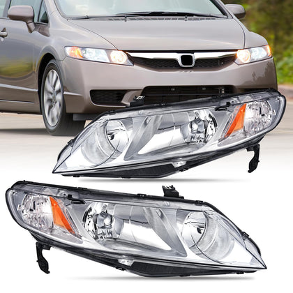 Headlight Assembly Compatible with 2006 2007 2008 2009 2010 2011 Honda Civic 4 Door Headlamps Replacement Chrome