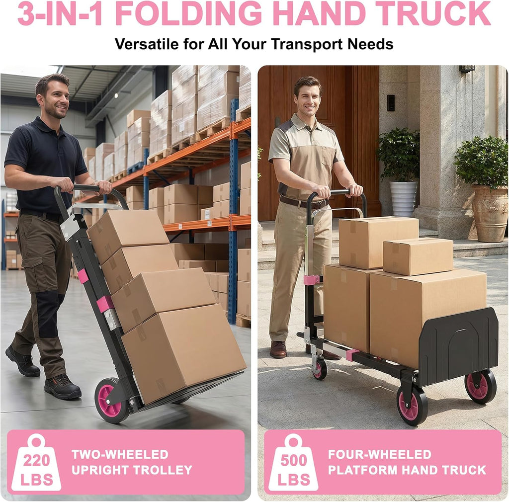 3-in-1 Folding Heavy Duty Hand Truck Dolly Cart Trolley with Wheels (Pink) | 500lbs, Convertible,Moving Cart with