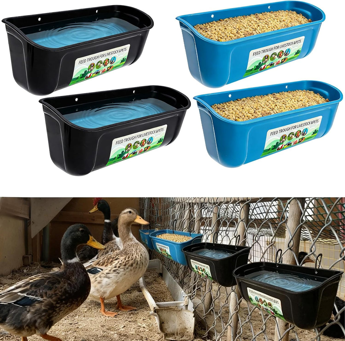 Duck Water Feeder,4 Pack Hanging Ducks Feeder and Ducks Waterer Set,Drake Fence Feed Trough with Clips, Poultry