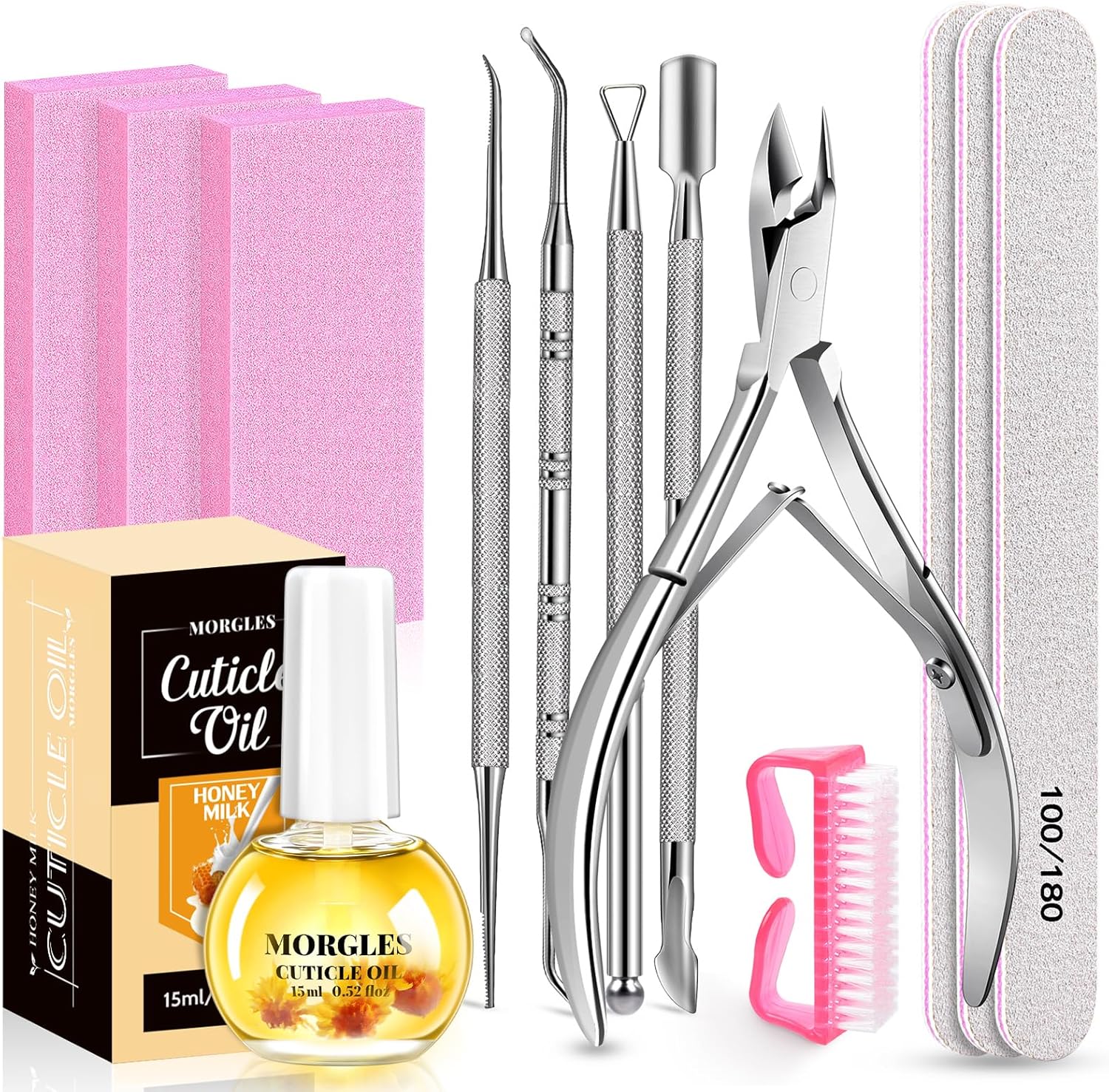 Nail File and Buffer Blocks with Nail Care Kit, 13 Pcs Manicure Kit for Women with Milk and Honey Cuticle Oil and