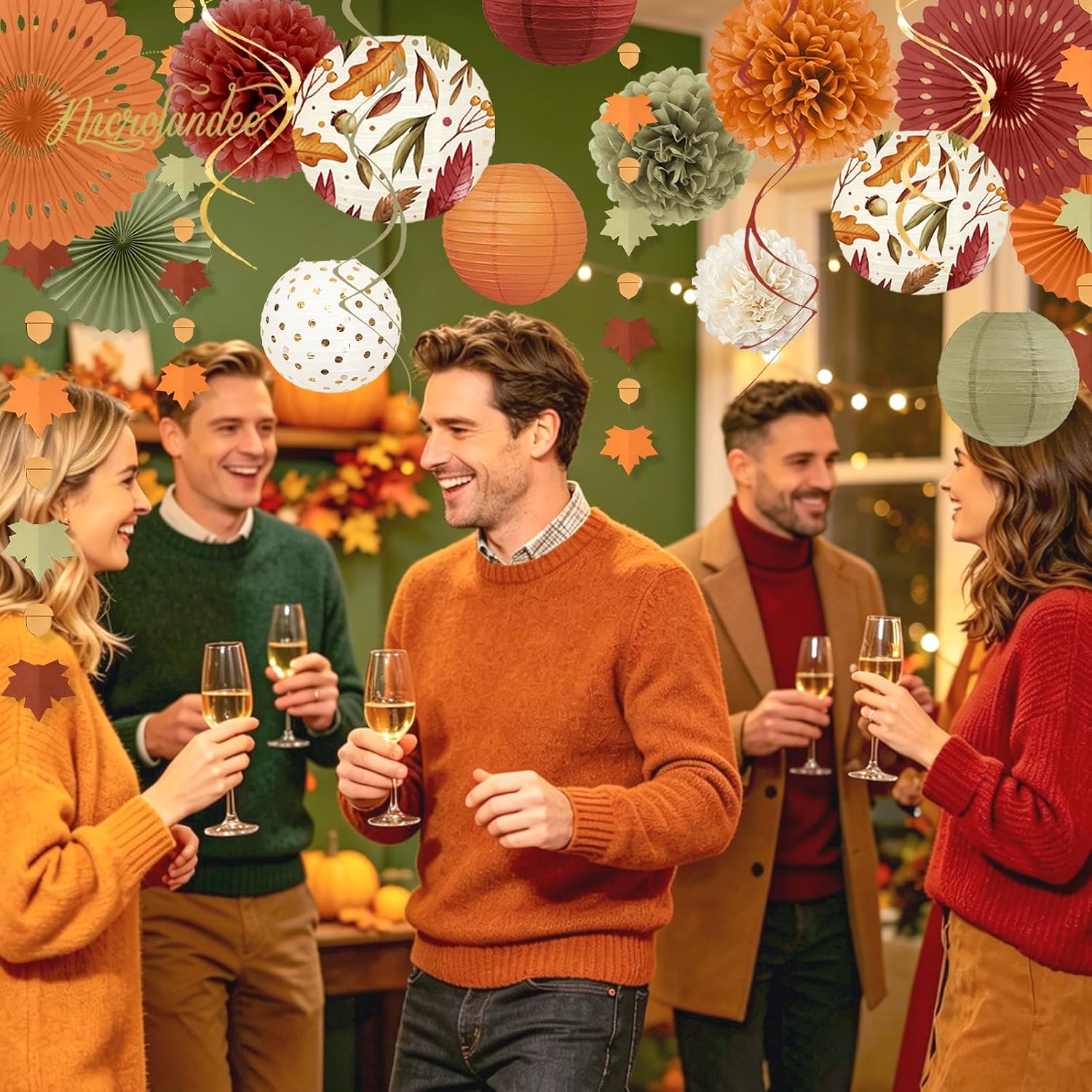 Fall Thanksgiving Decorations 20 PCS Maple Leaf Orange Decor | Tissue Pom Poms Paper Fans Lanterns Garland for