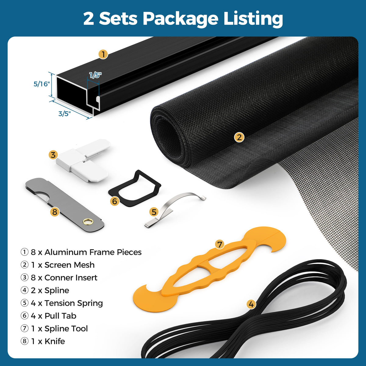 DIY Aluminum Window Screen Frame Kit, 2 Sets, 46 in, Black