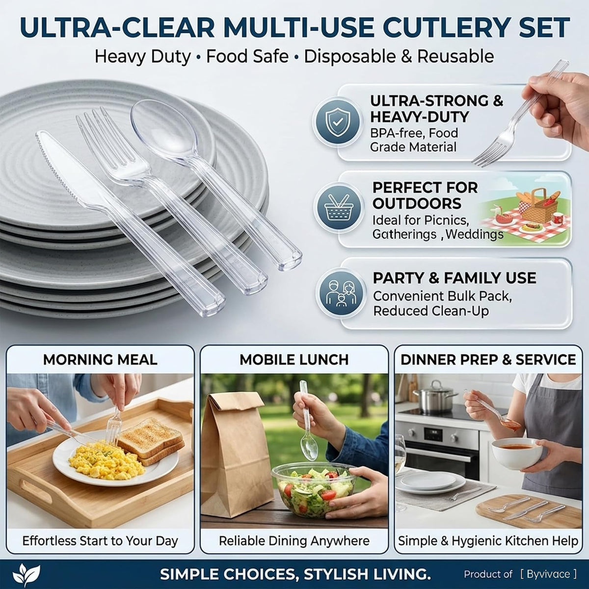 300 Count Heavy Duty Plastic Silverware, Bulk Disposable Utensils for Party