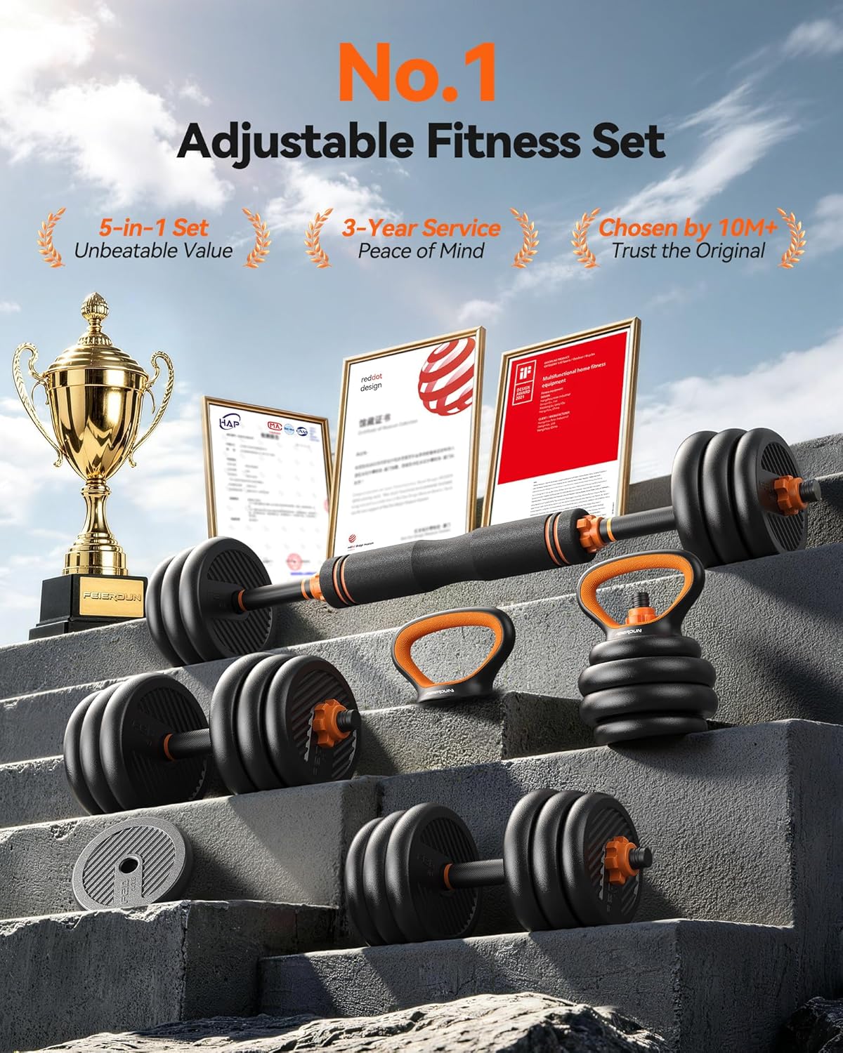 DS2 Adjustable Dumbbells, 20/30/40/45/70/90lbs Free Weight Set with Connector, 5 in1 Dumbbells Set Used as Barbell
