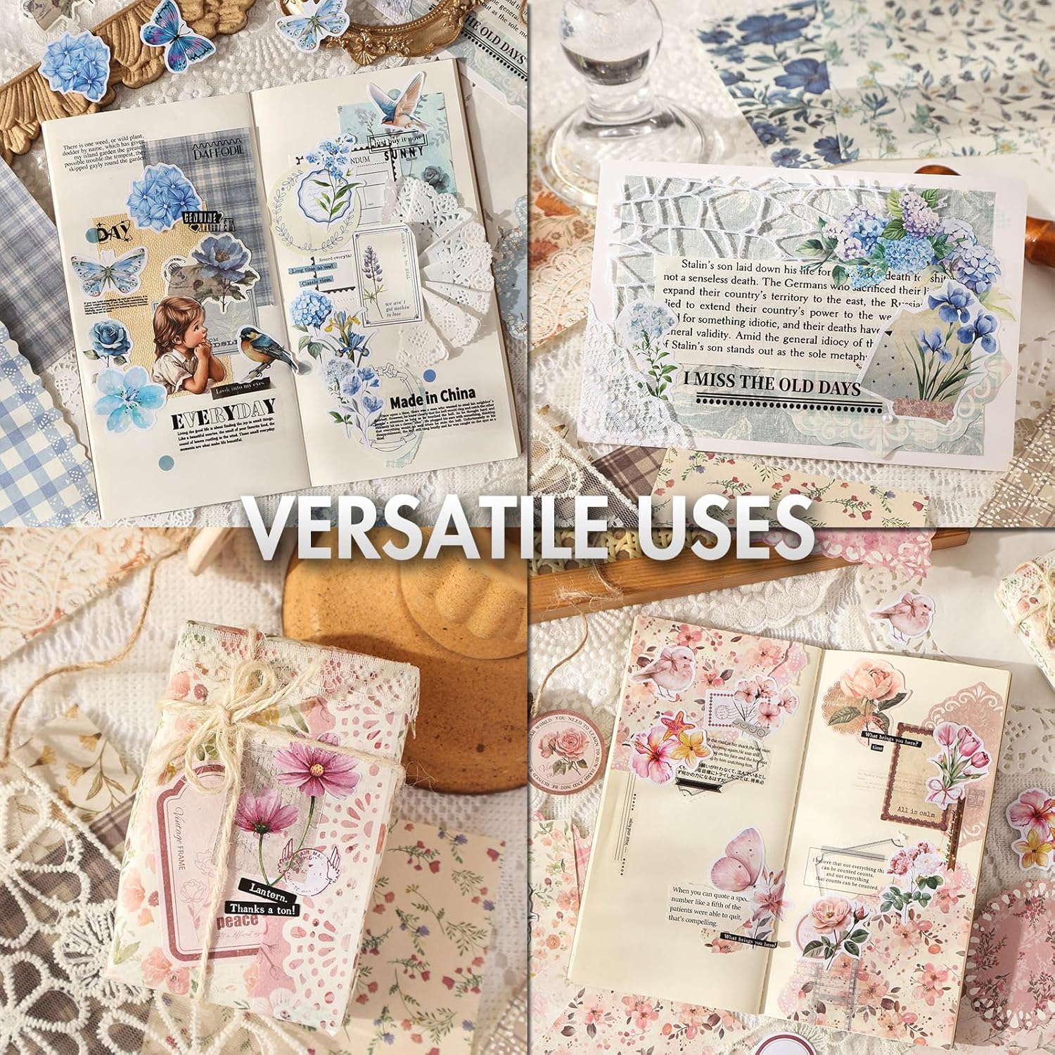 Scrapbook Supplies Kit – 400Pcs Vintage Floral Scrapbook Paper & Junk Journal Stickers, 4 Pack Journaling Supplies