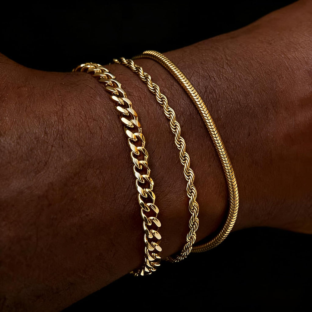 Gold Bracelets for Men Trendy - Dainty Gold Plated Stainless Steel Snake Link Bracelet Stack Rope Figaro Herringbone