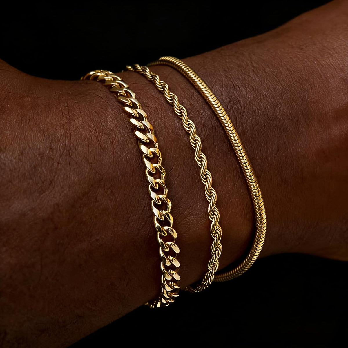 Gold Bracelets for Men Trendy - Dainty Gold Plated Stainless Steel Snake Link Bracelet Stack Rope Figaro Herringbone