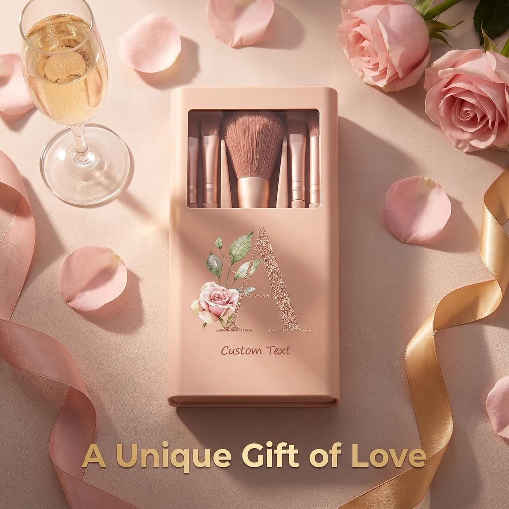 Personalized Mini Makeup Brush Set with Mirror, Custom Name Initial Travel Makeup Case, Portable Cosmetic Brushes