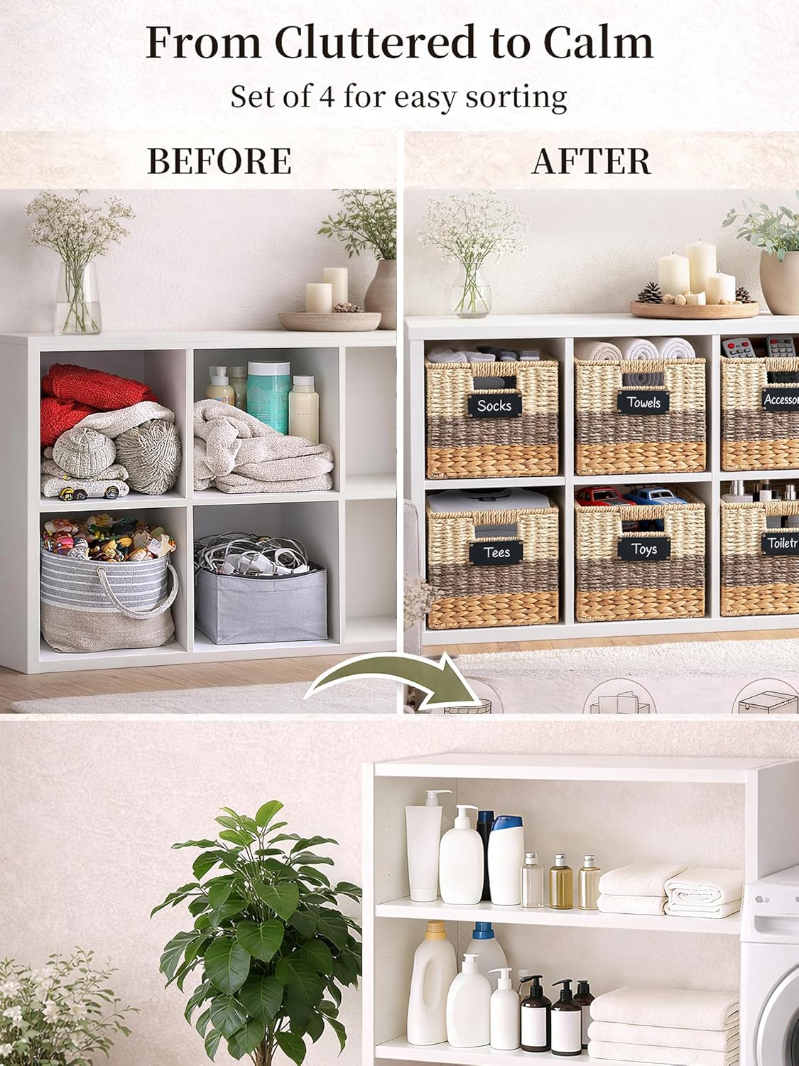 Storage Basket, 10.5x10.5x10.5 Inch Storage Cubes, Water Hyacinth Wicker Basket for Storage, Handmade Woven Baskets