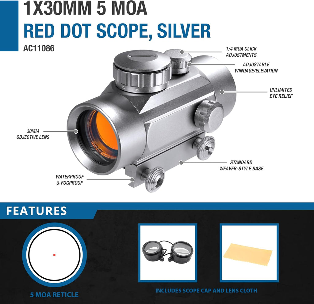 30mm Red Dot Sight – 1x Magnification, 5 MOA Reticle, Adjustable Brightness, Unlimited Eye Relief, Weaver Mount