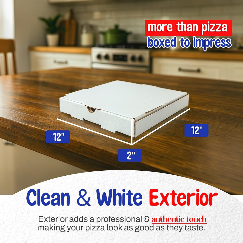 12” x 12” x 2” White Pizza Boxes (10 Pack) - Sturdy B-Flute Corrugated Cardboard Medium Pizza Box - Professional