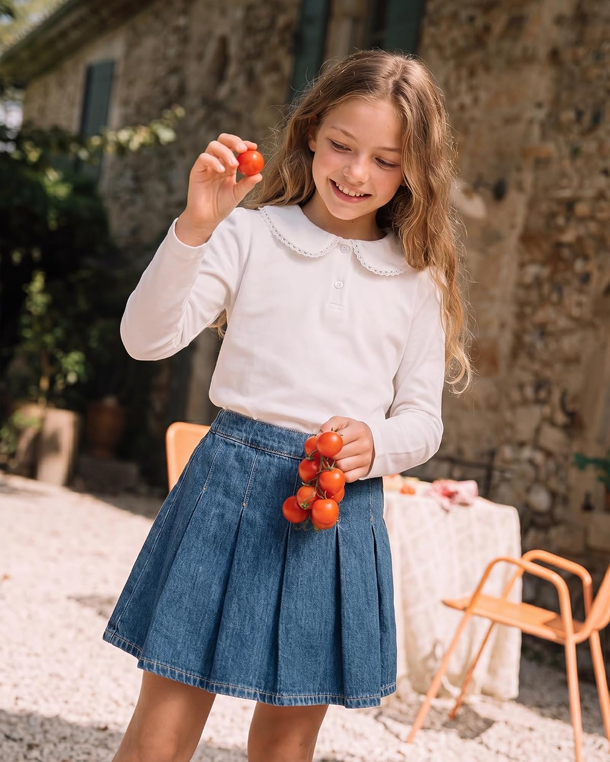 Girls Long Sleeve Polo Shirts School Uniform Peter Pan Collar Tops | Puff Sleeve, Lace Trim, Cotton-Blend, Button