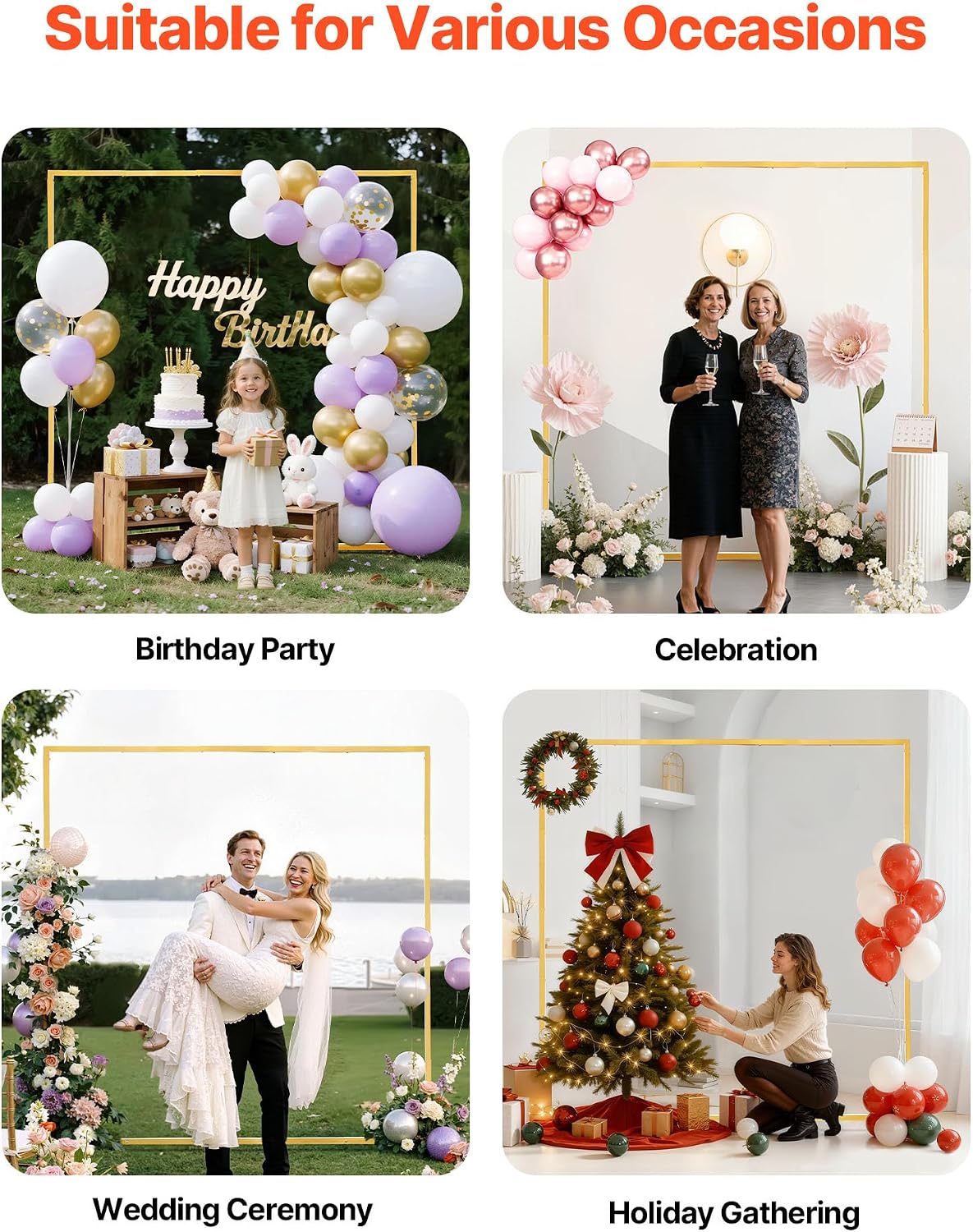 Arch Backdrop Stand, 6.6 x 6.6 ft, Stable Structure, Easy Assembly, Square Gold Metal Arch Backdrop Stand for