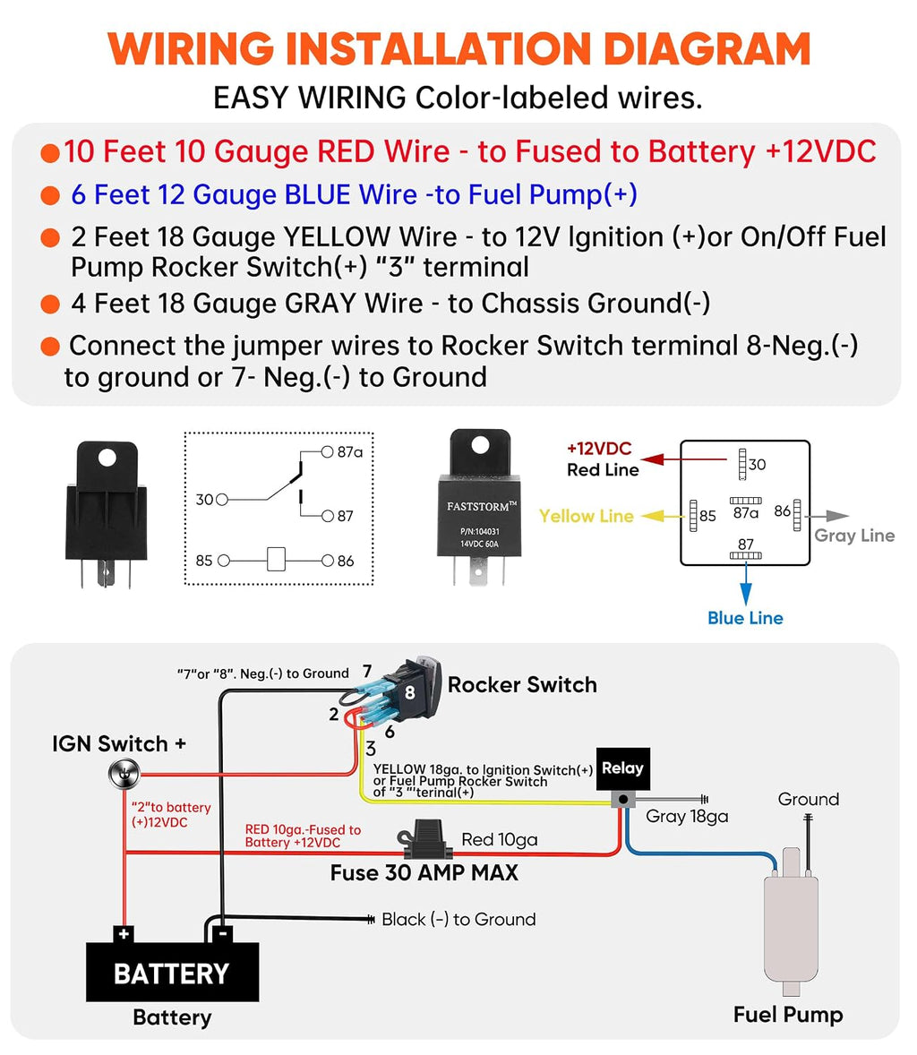 12V Electric Fuel Pump Waterproof Relay Kit Heavy Duty Long Wiring Harness Kit 60 Amp with Fuel Pump Rocker Switches