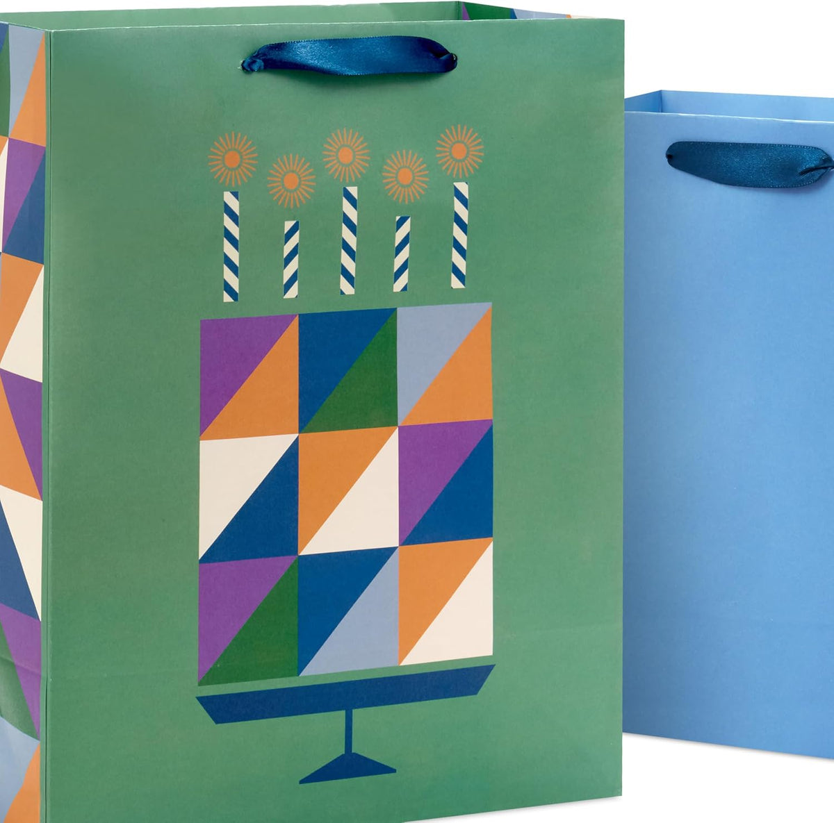 Solid Gift Bag Assortment (8 Bags: 4 Medium 9", 4 Large 13") Blue, Green, Orange, Cheers, Stripes