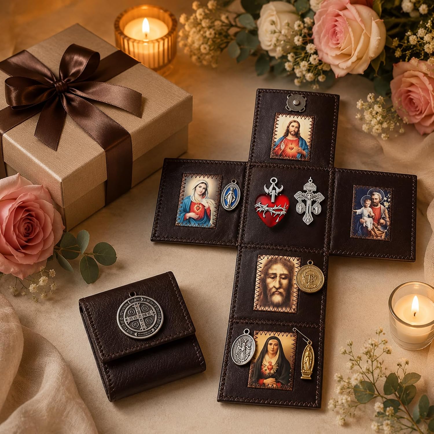 Hand Sewn Leather Catholic Pocket Shrine, Portable Folding Personal Travel Altar with Jesus Sacred Art & Metal