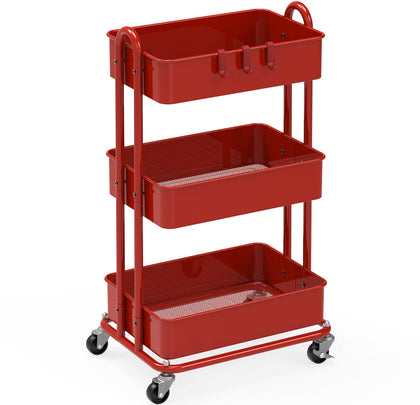 3-Tier Heavy Duty Metal Utility Rolling Cart, Red