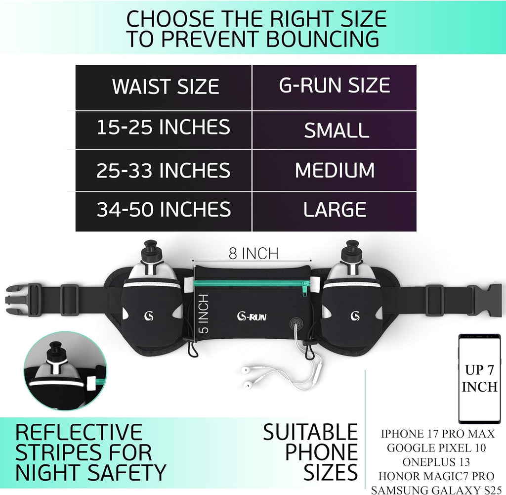 Hydration Running Belt with 2x10oz Bottles - Water Belts for Woman and Men - iPhone Belt for Any Phone Size - Fuel