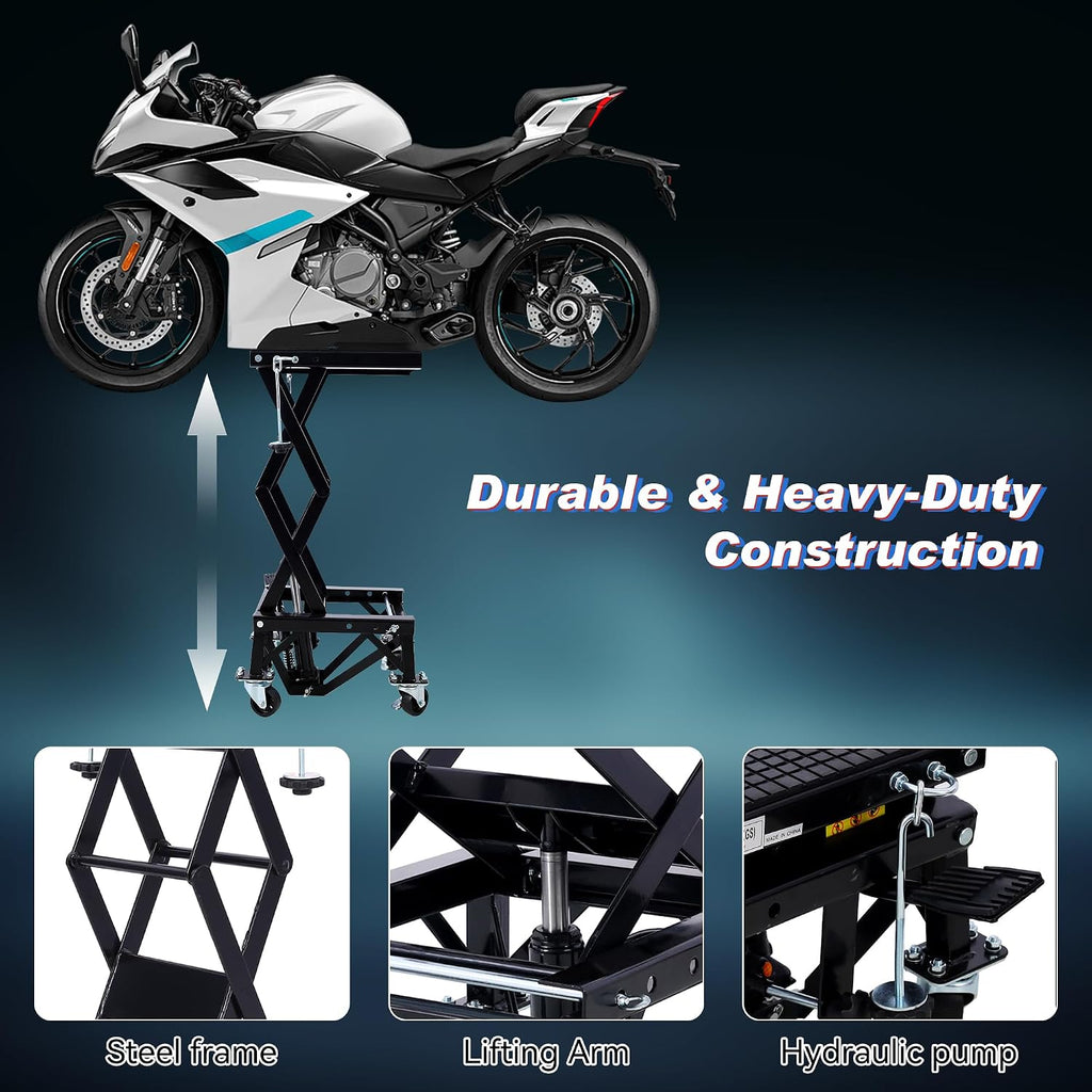 Hydraulic Motorcycle Lift Table, 300 lbs Capacity Motorcycle Scissor Jack Lift with Non-Slip Wide Deck J-Hooks 4
