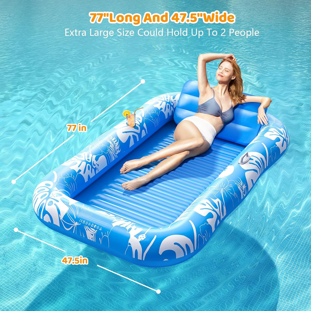 Inflatable Tanning Pool Lounger Float with Sprinkler, 77" x 48" Pool Floats Adult with Pillow, 6 in 1 Suntan Tub Raft