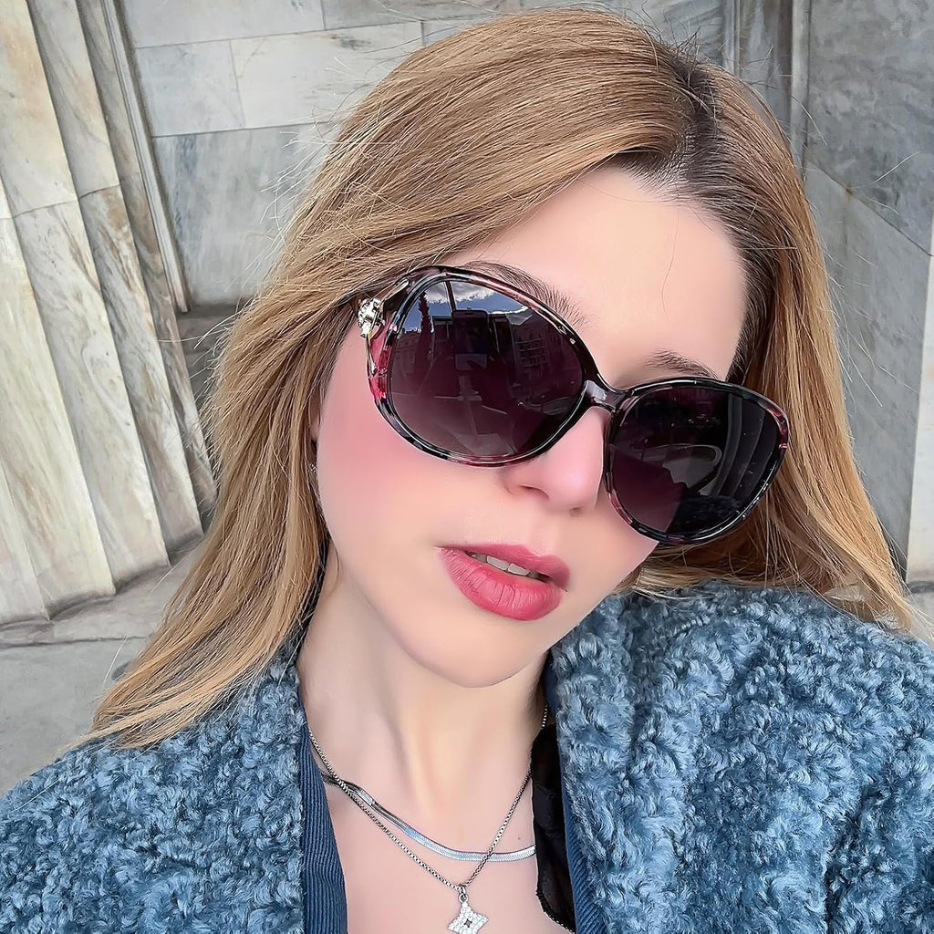 Polarized Sunglasses for Women Oversized Ladies Sun Glasses UV400 | Goldern Cat Pattern Design with Silver Rhinestone