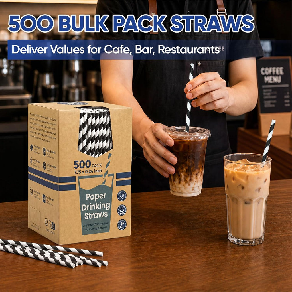 Black and White Paper Straws Disposable for Drinking 7.75'' 500ct