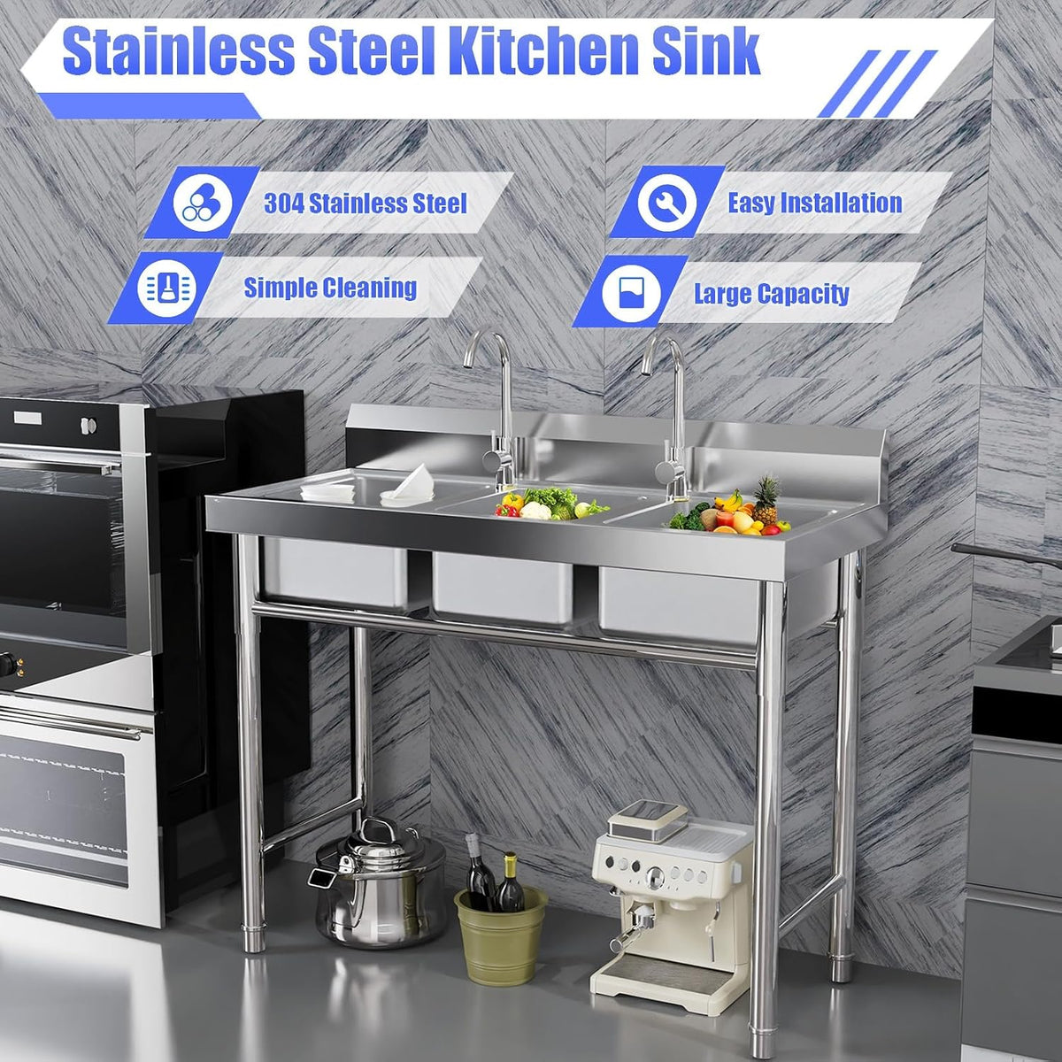 3 Compartment Kitchen Sink 304 Stainless Steel Utility Sink