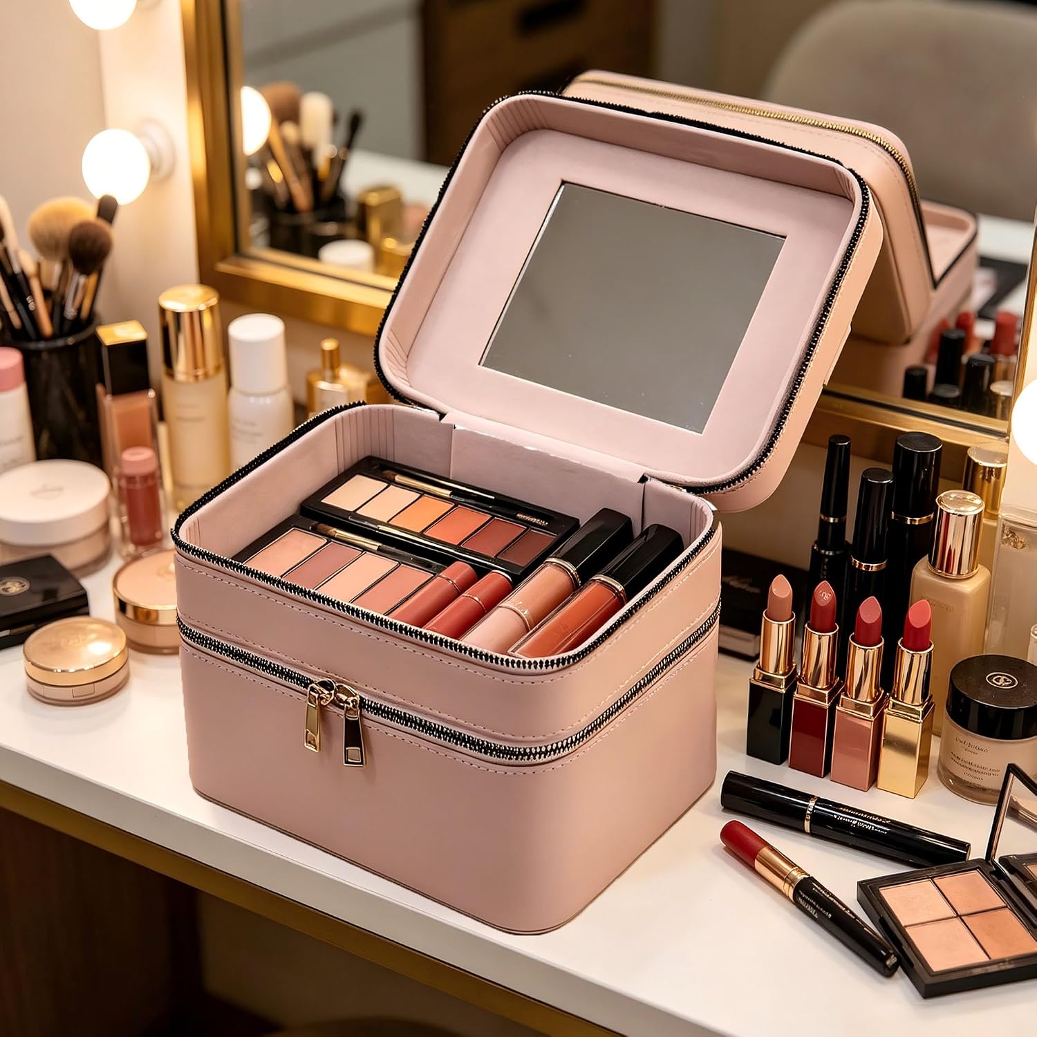 Hard Makeup Case Travel Double Layer with Mirror PU Leather for Women | Organized Storage Boxes, Sturdy & Protective