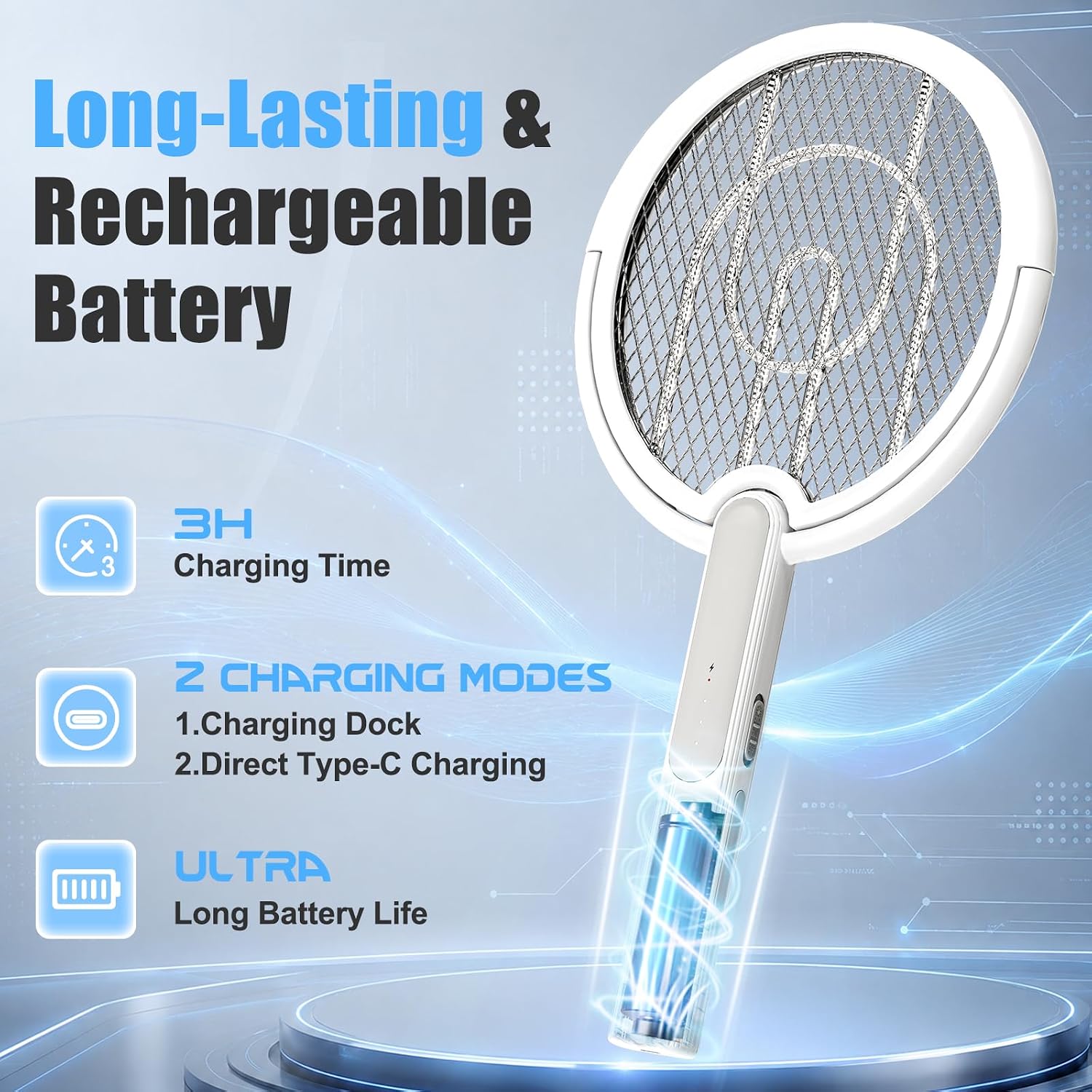 Rotating Head Electric Fly Swatter Racket with Telescoping Handle, 4000 V | Folding Head, Charging Base, USB Charging