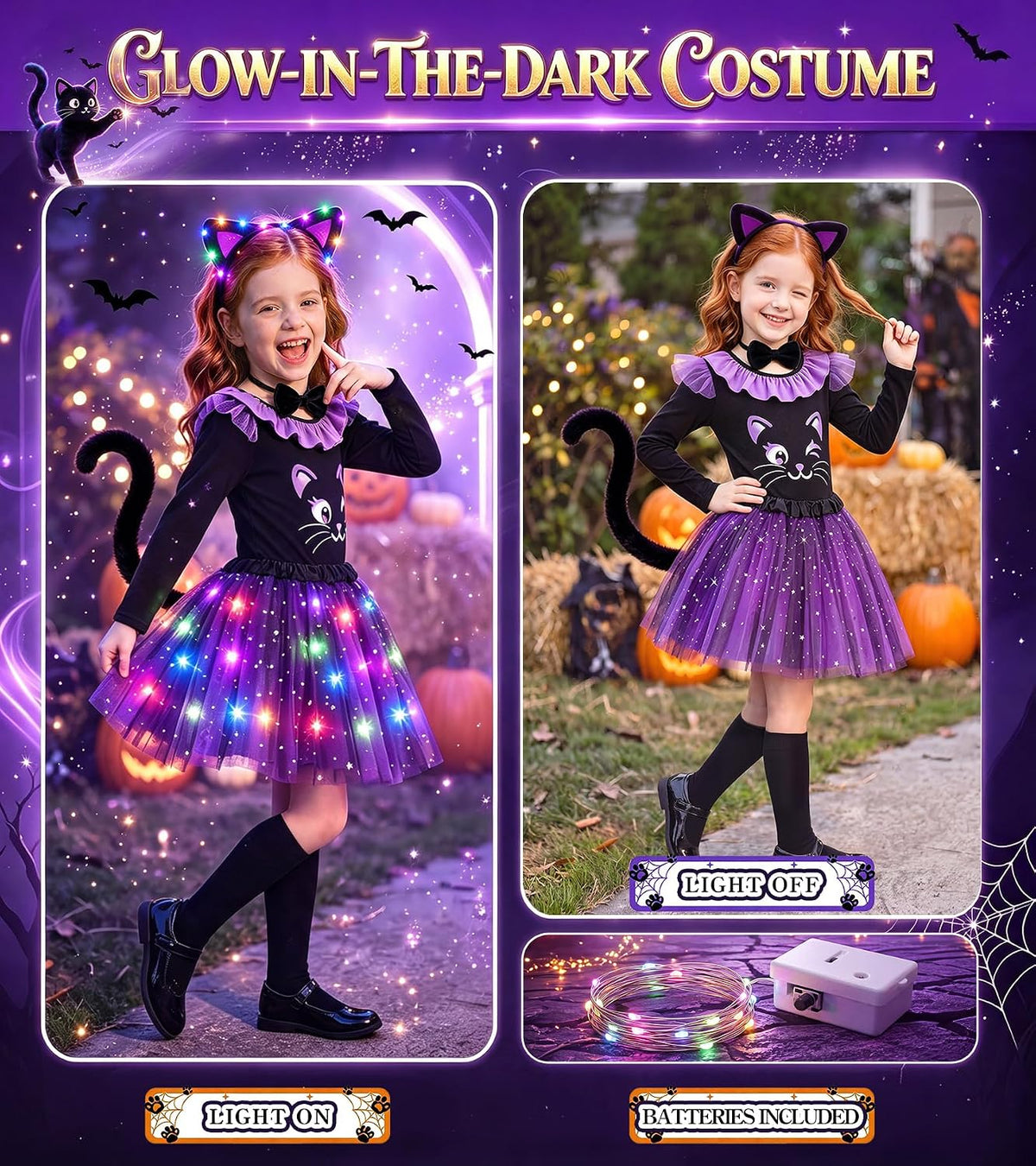 Black Cat Costume for Girls, Girls Halloween Costume Light Up Tutu Skirt