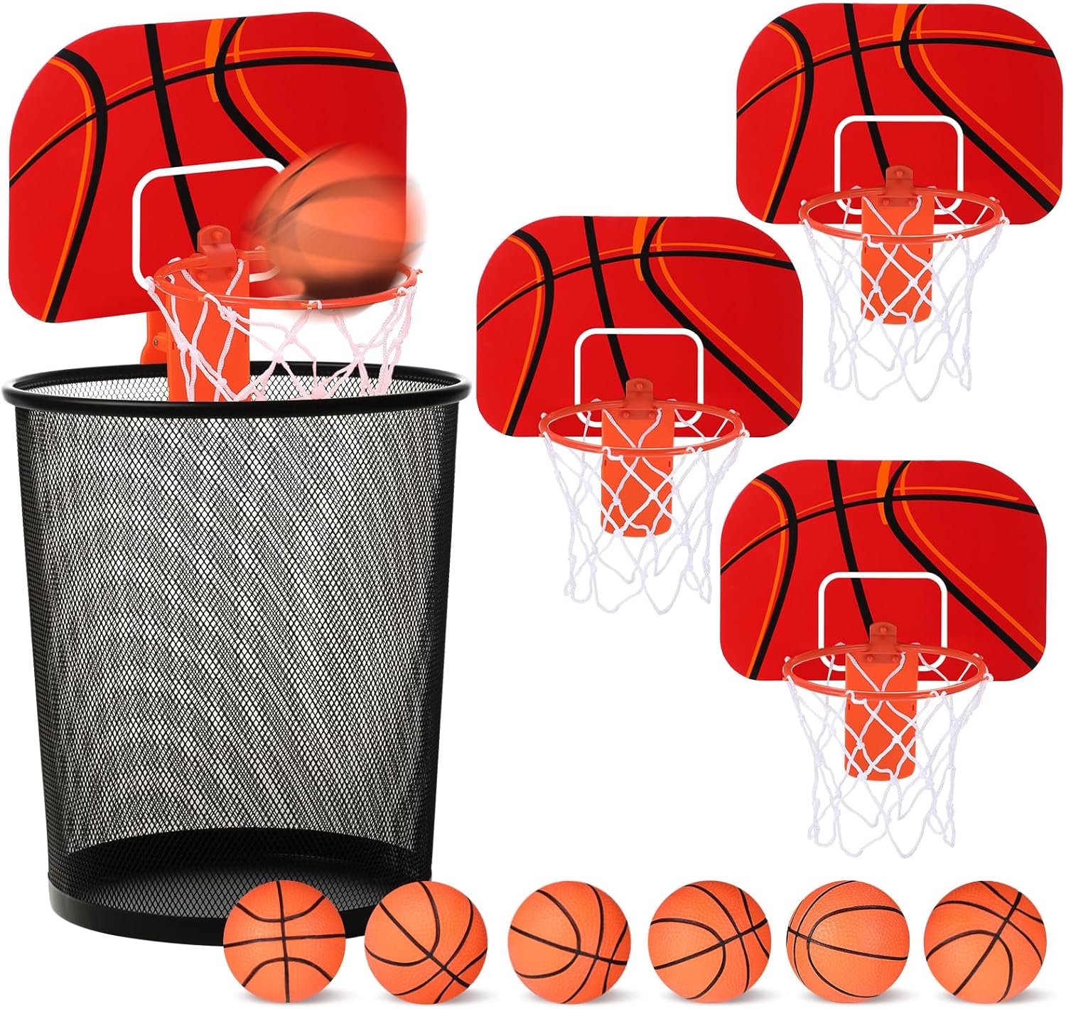 3 Sets Indoor Trash Can Basketball Game Set Includes 3 Mini Clip on Basketball Hoop with Backboard 6 Inflatable Ball