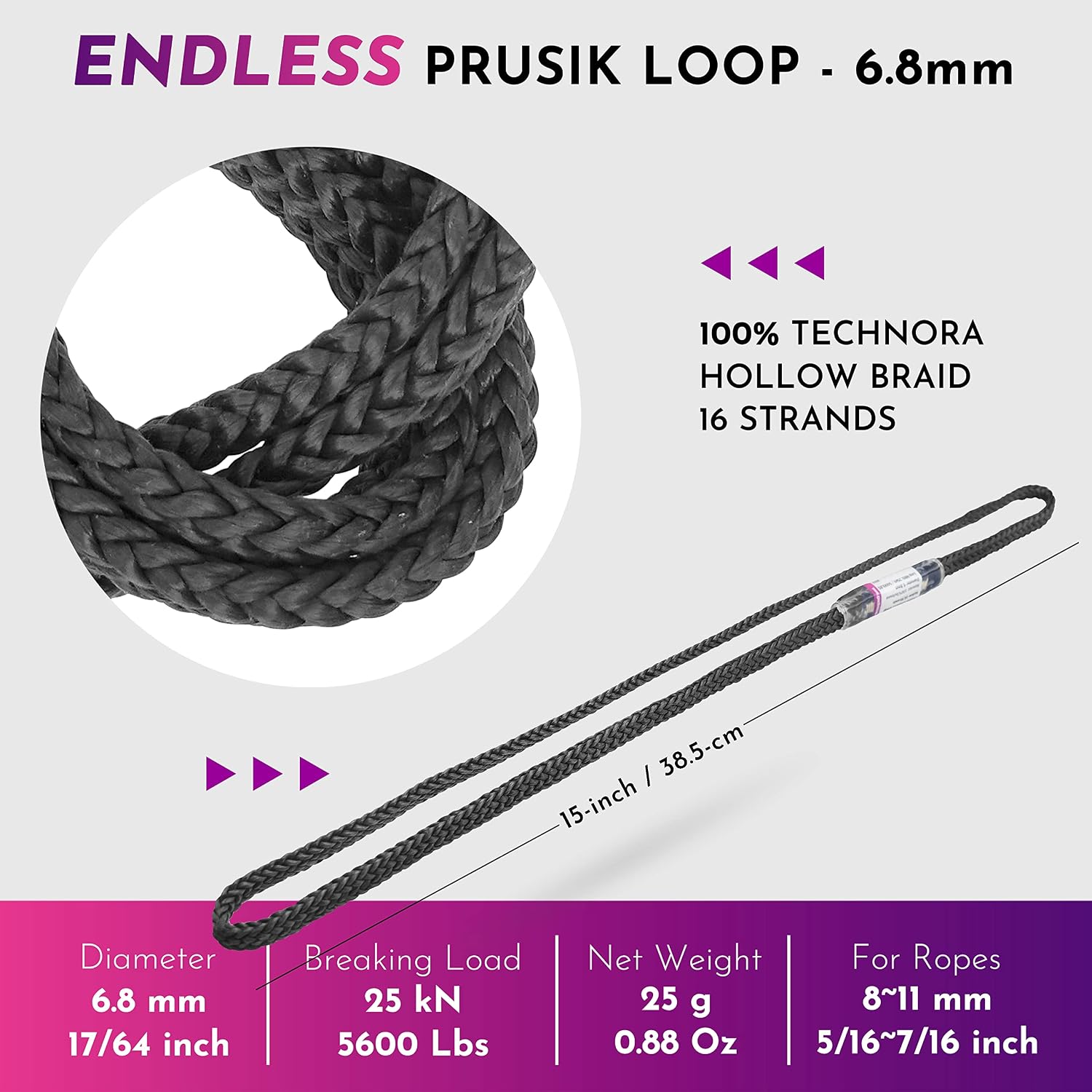 6.8mm Endless Prusik Loop 100% Technora 25kN Heat Resistant Friction Hitch Cord Hollow Braid for Rappel Abseil