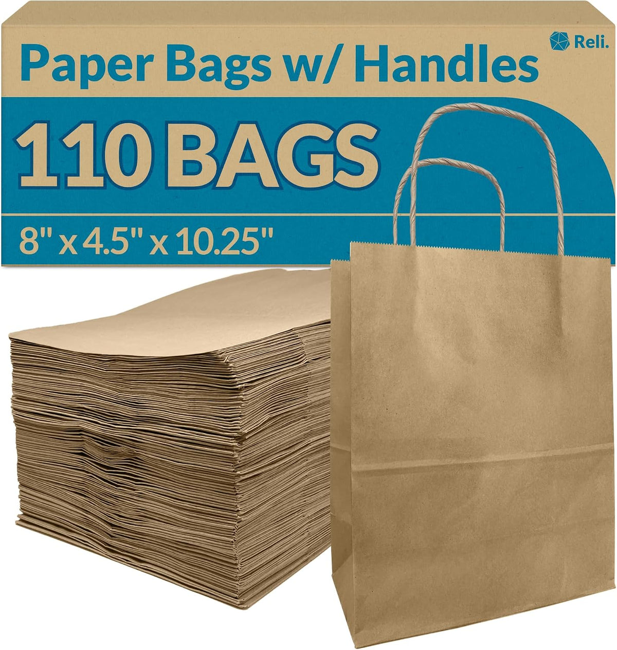 Brown Paper Bags with Handles | 110 Pack Kraft Bulk